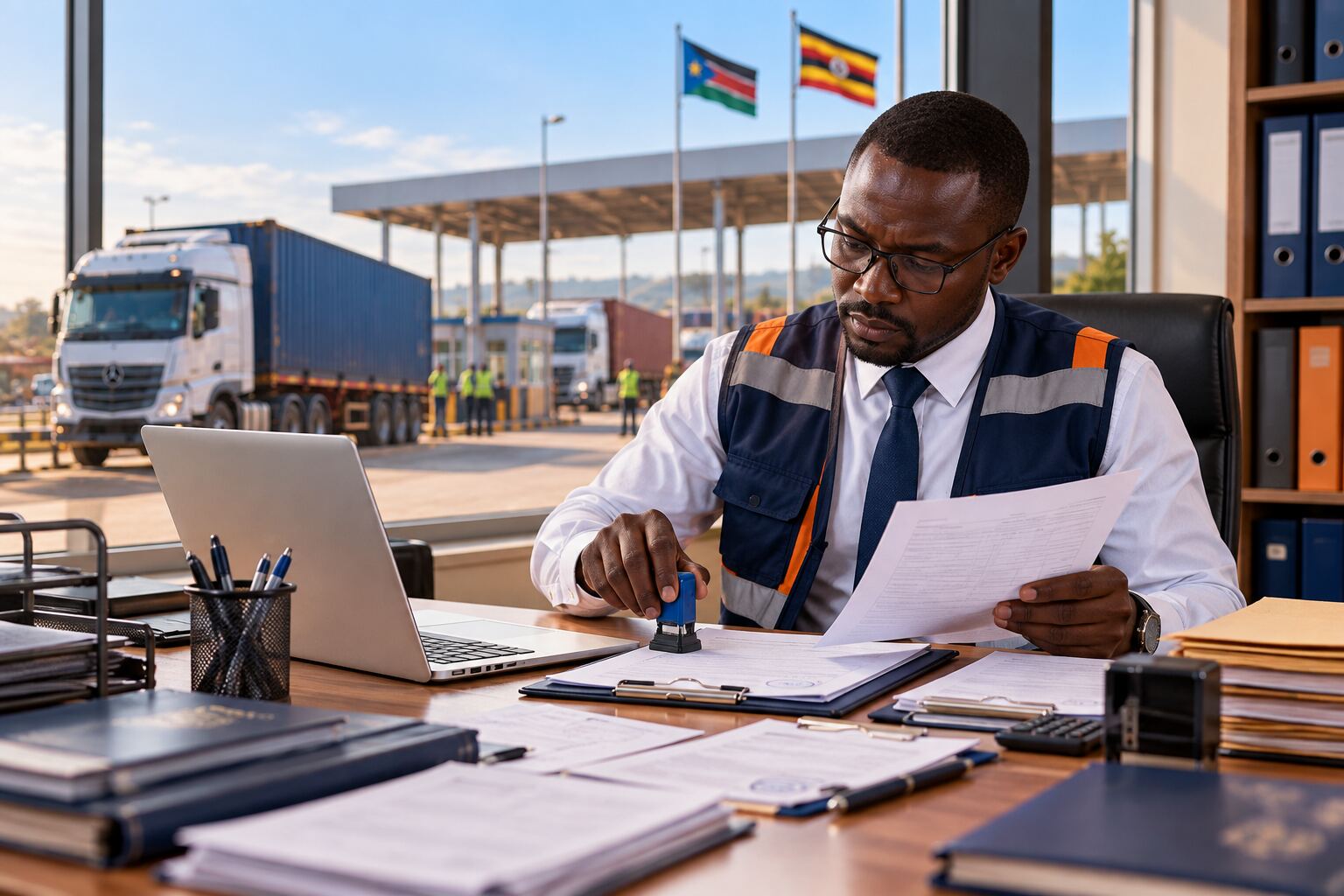 Customs officer reviewing and stamping clearance documents
