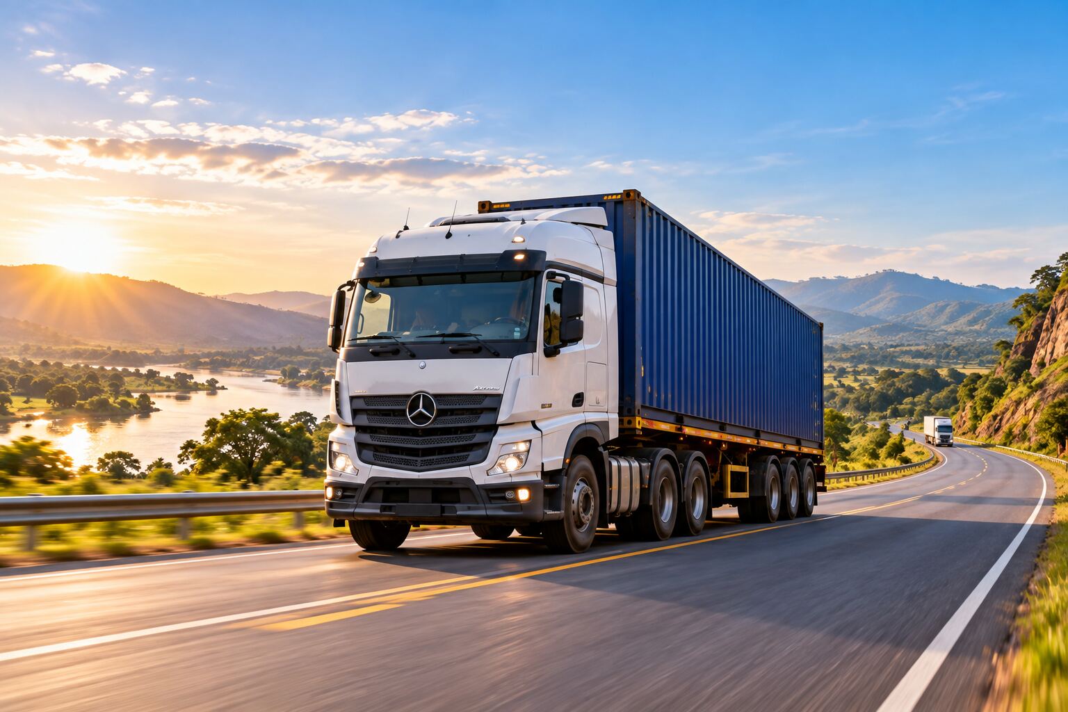 Freight truck moving cargo by road